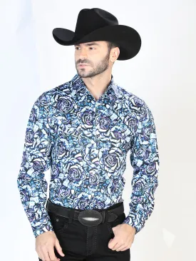 Camisa Vaquera Manga Larga de Broches Estampada Floral Azul para Hombre 'El Señor de los Cielos' - ID: 44069