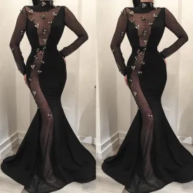 high neck black evening dresses long sleeve mermaid modest embroidery appliqué cheap formal dress