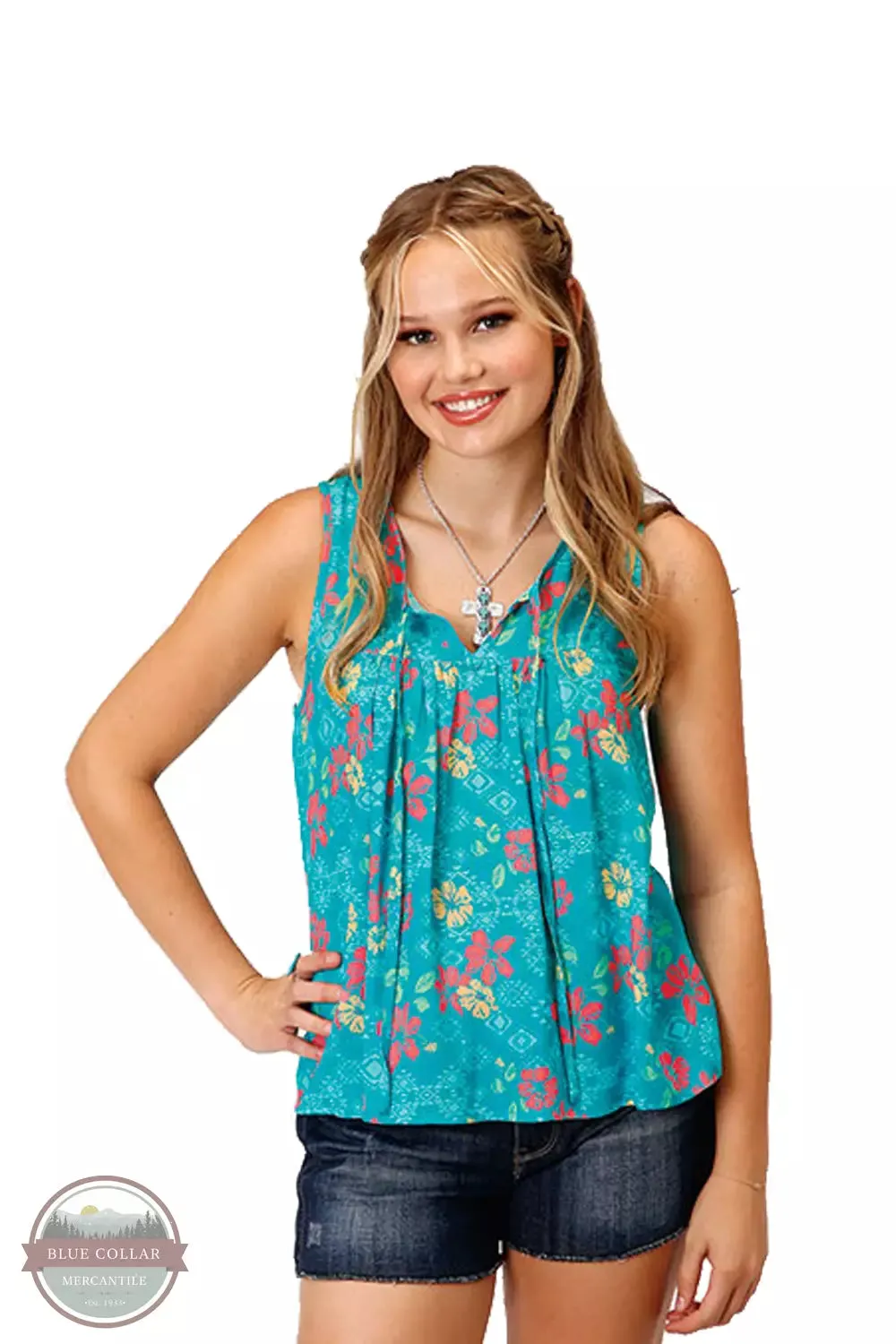 03-052-0590-0457 BU Turquoise Floral Sleeveless Shirt