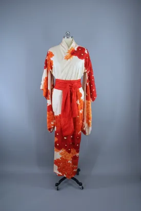 1960s Vintage Silk Kimono Robe Furisode / Ivory Orange Floral Gold Embroidery