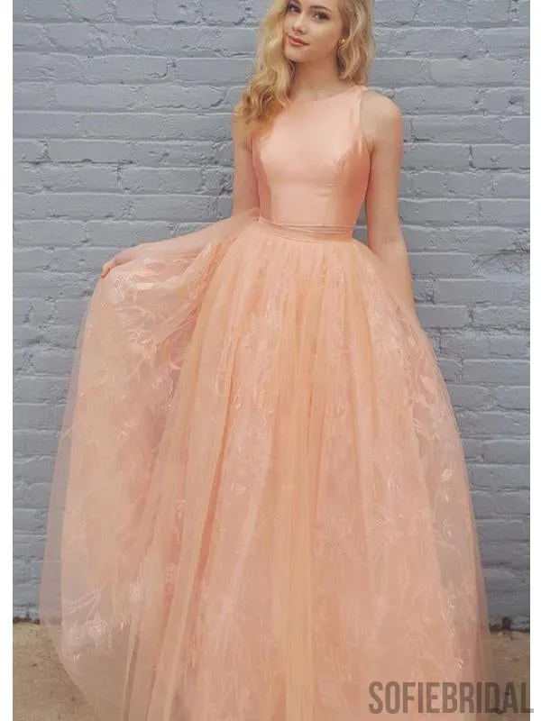 2 Pieces Peach Satin Top Lace Prom Dresses, PD0944