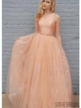 2 Pieces Peach Satin Top Lace Prom Dresses, PD0944