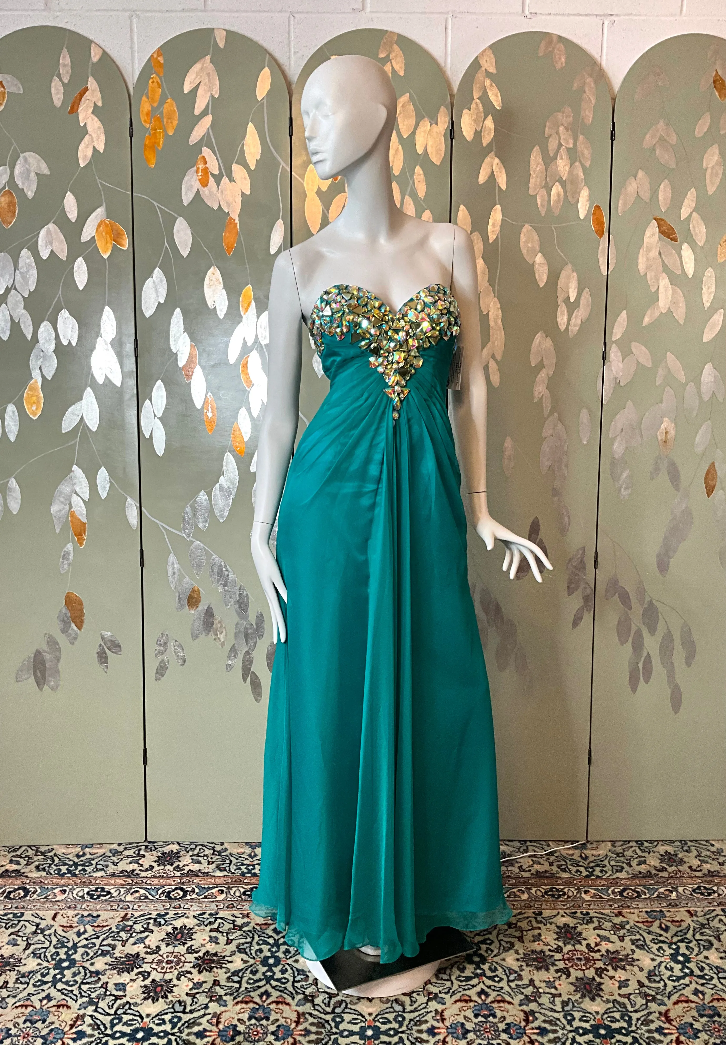 2000s Teal Green Chiffon Embellished Mermaid Gown, XS