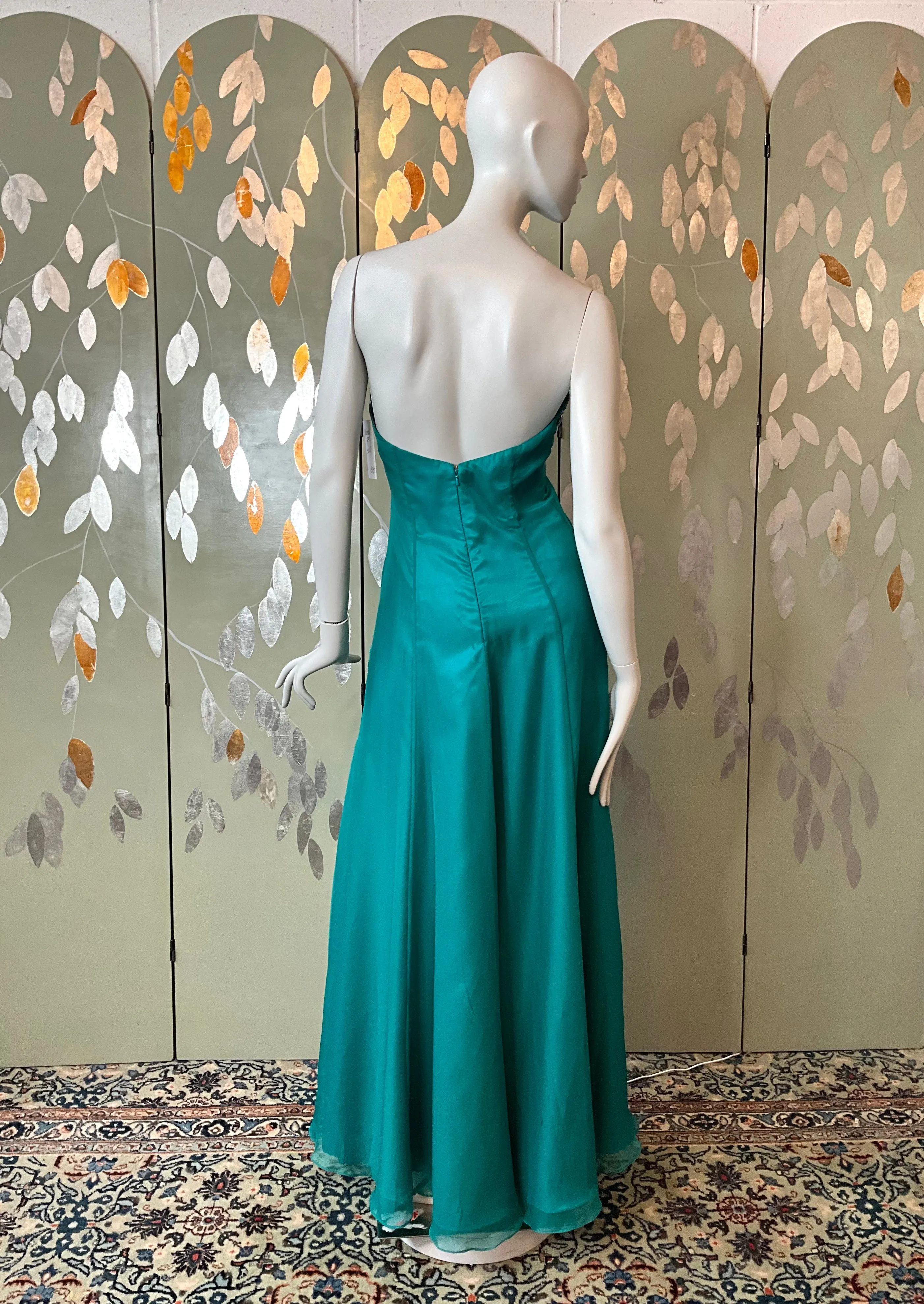 2000s Teal Green Chiffon Embellished Mermaid Gown, XS