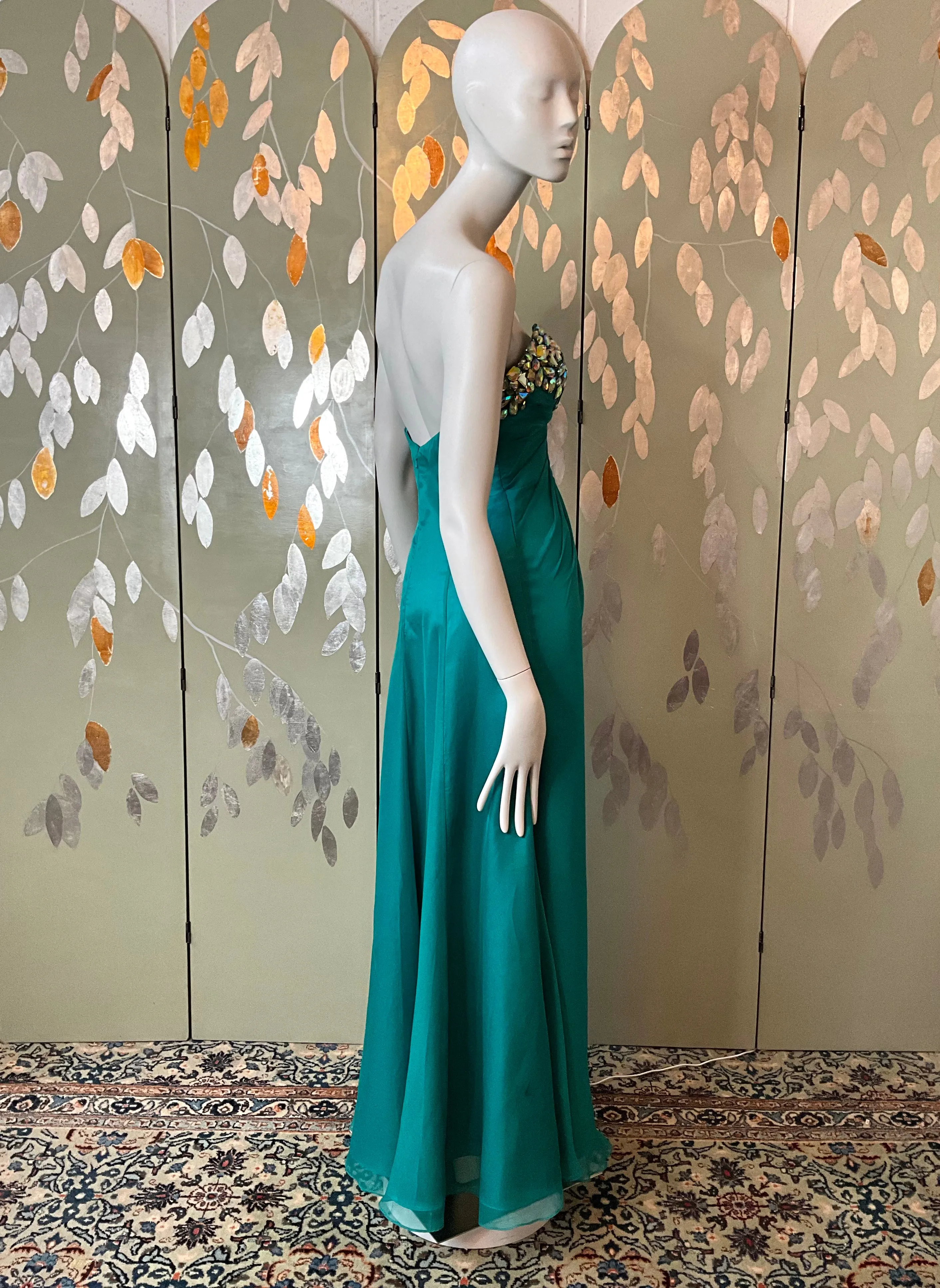 2000s Teal Green Chiffon Embellished Mermaid Gown, XS