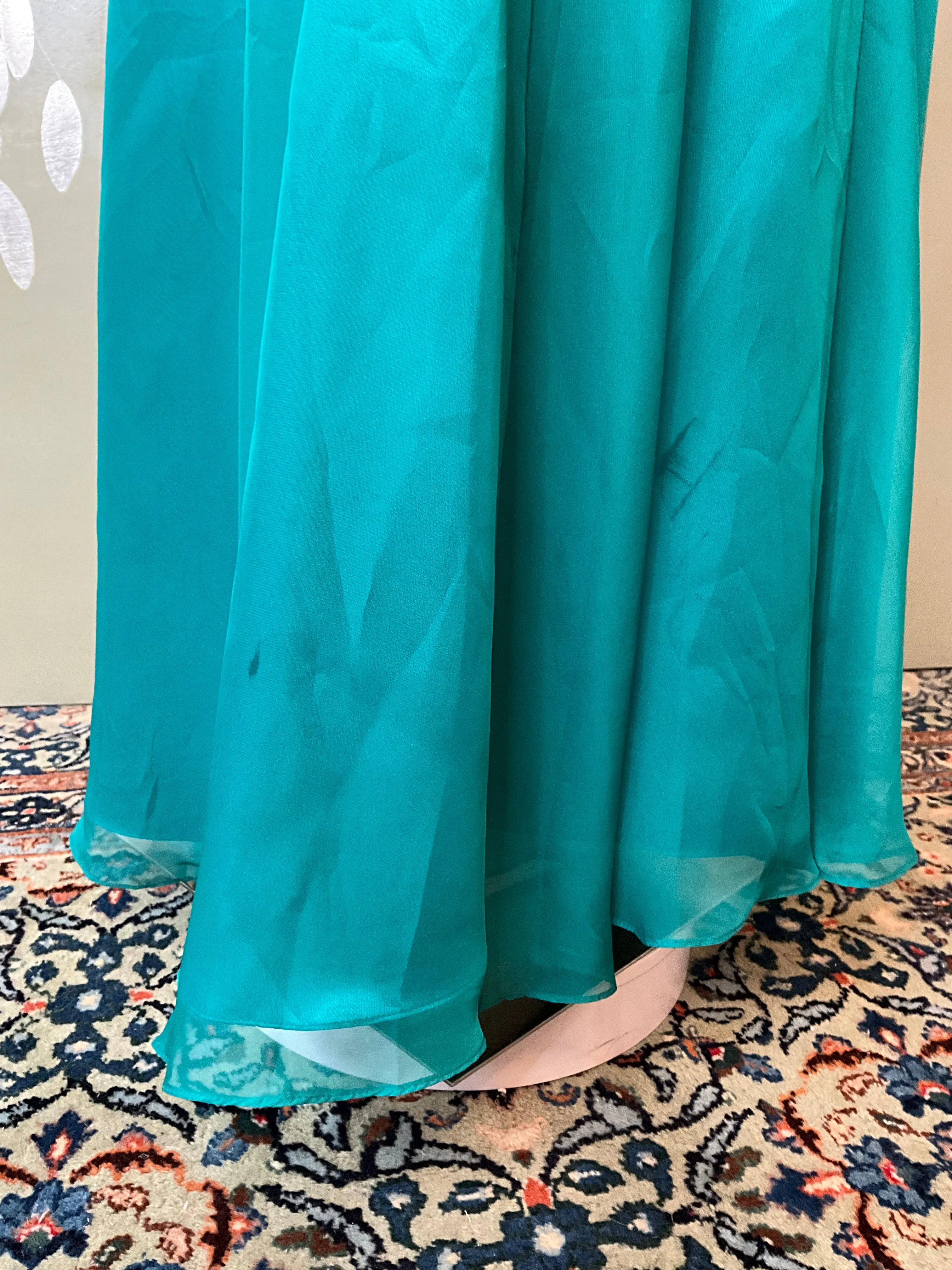 2000s Teal Green Chiffon Embellished Mermaid Gown, XS