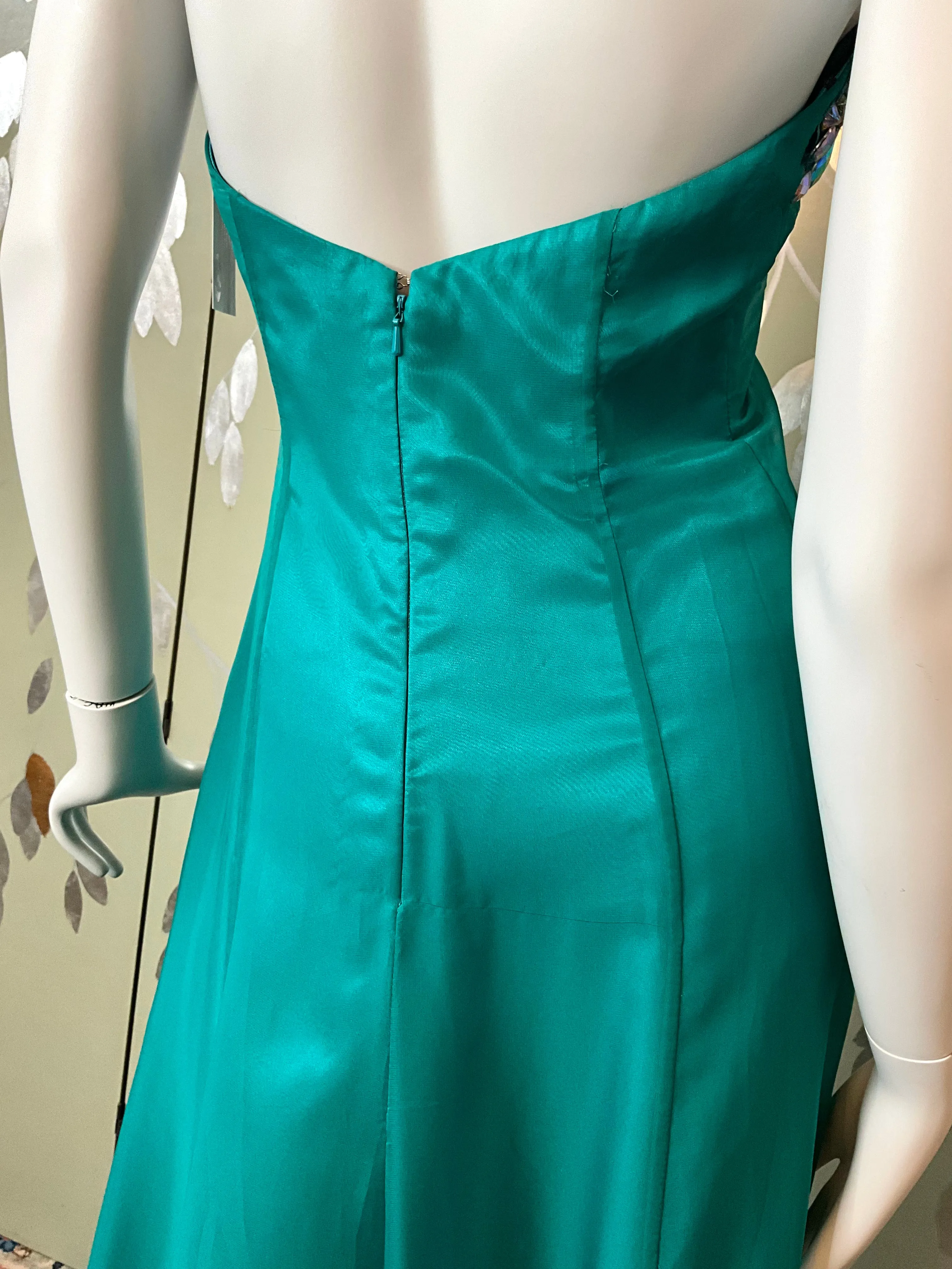 2000s Teal Green Chiffon Embellished Mermaid Gown, XS