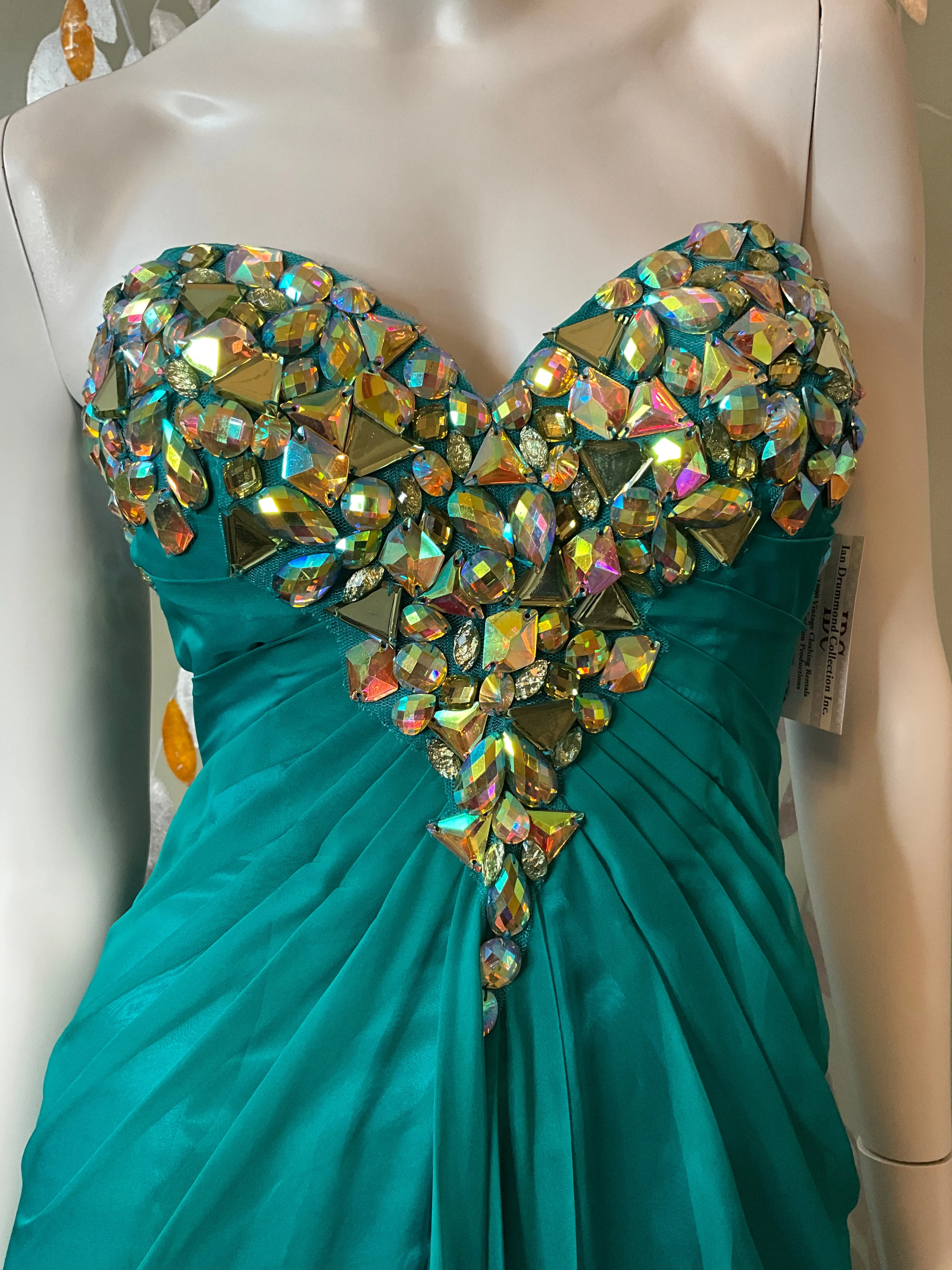 2000s Teal Green Chiffon Embellished Mermaid Gown, XS