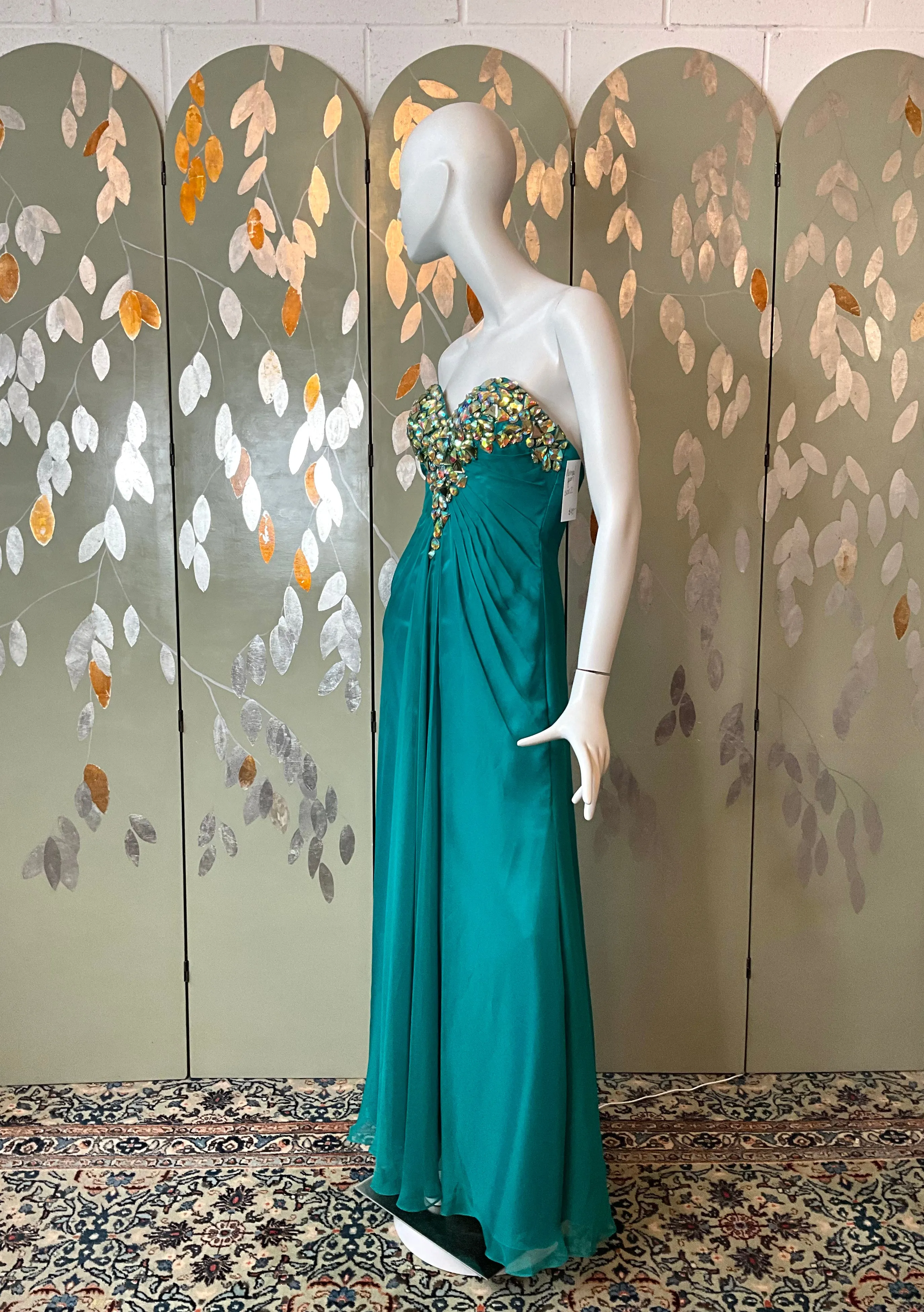 2000s Teal Green Chiffon Embellished Mermaid Gown, XS