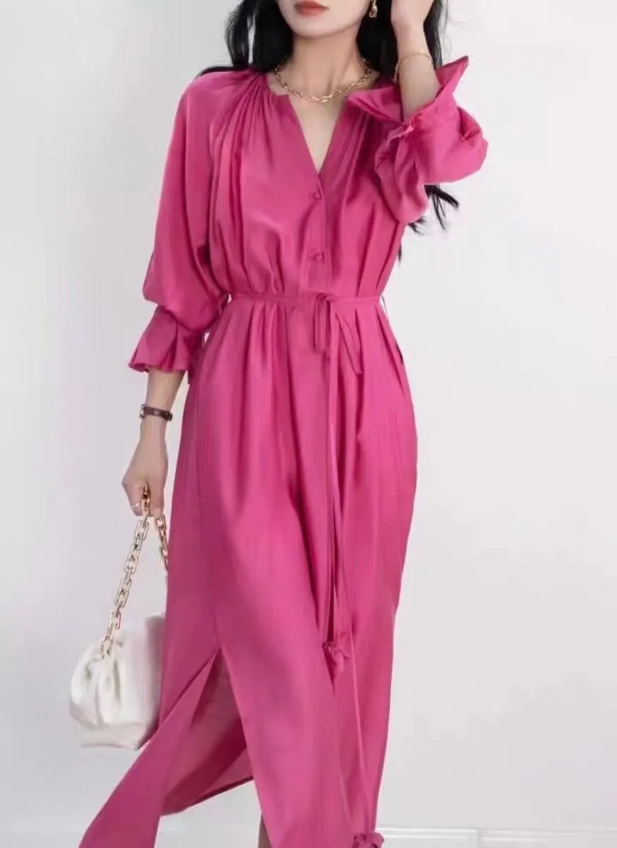 9240016 V-Neck Long Sleeve Tencel Dress *Rose Red