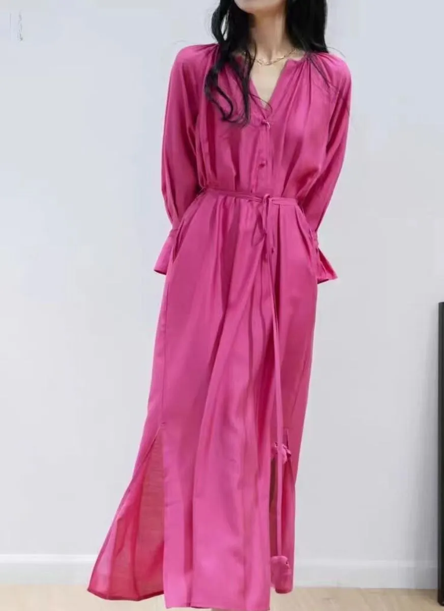 9240016 V-Neck Long Sleeve Tencel Dress *Rose Red