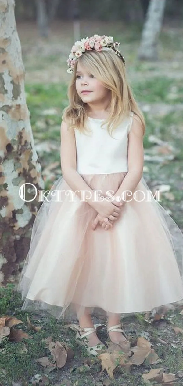 A-Line Bateau Tea-Length Blush Tulle Flower Girl Dresses, TYP0887