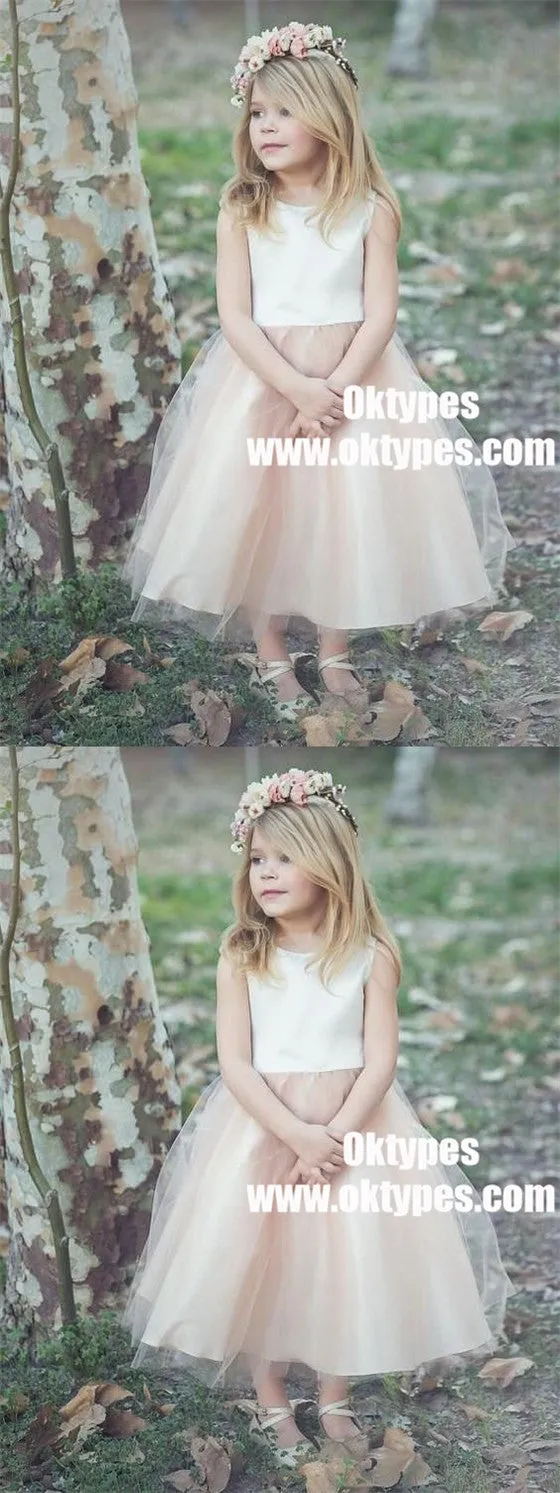 A-Line Bateau Tea-Length Blush Tulle Flower Girl Dresses, TYP0887