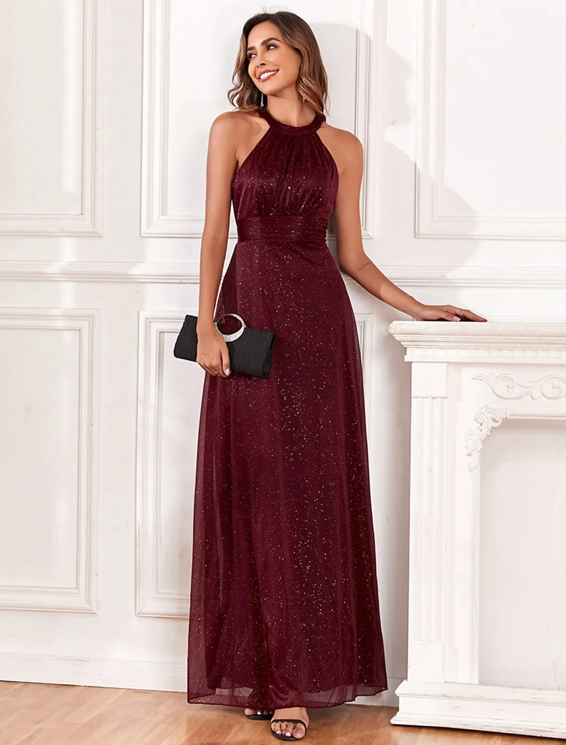 A-Line Evening Gown Empire Dress Evening Party Floor Length Sleeveless Halter Neck Polyester Backless V Back with Glitter