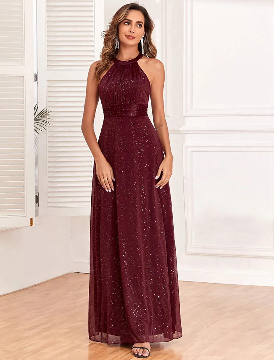 A-Line Evening Gown Empire Dress Evening Party Floor Length Sleeveless Halter Neck Polyester Backless V Back with Glitter