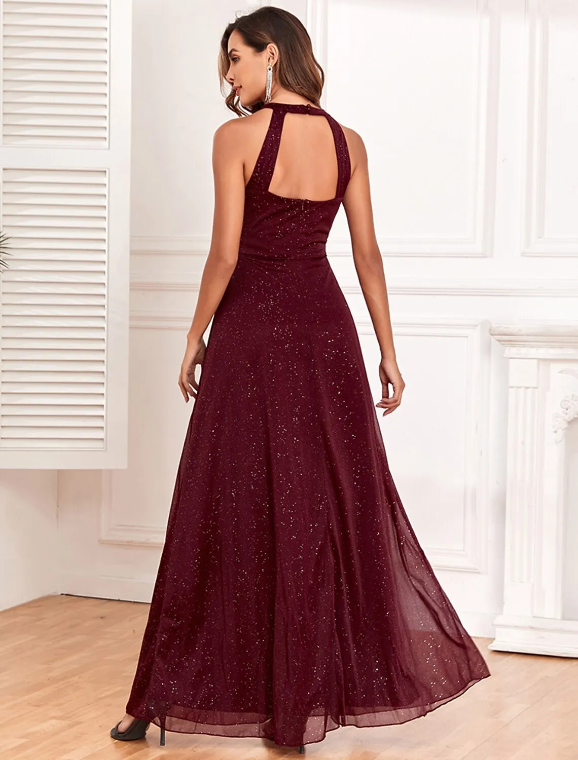 A-Line Evening Gown Empire Dress Evening Party Floor Length Sleeveless Halter Neck Polyester Backless V Back with Glitter