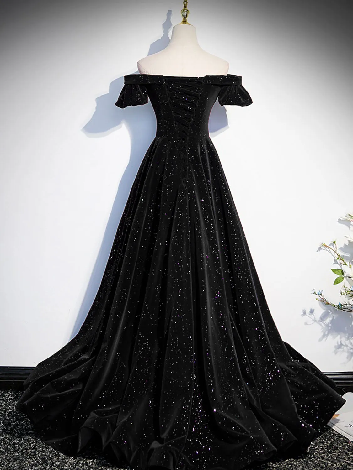 A-Line Off Shoulder Velvet Black Long Prom Dresses, Black Formal Evening Dress