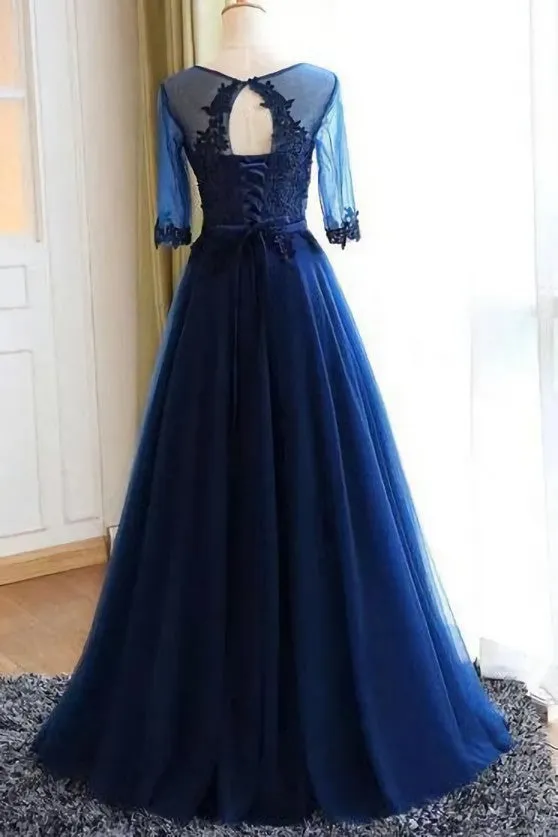 A-line Scoop Neck Dark Blue Long Prom Dresses With Sleeves