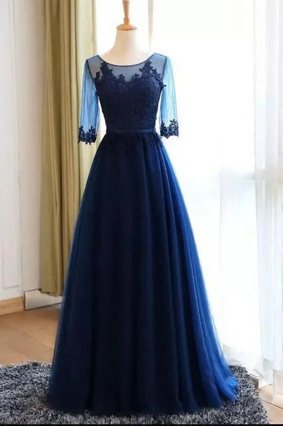 A-line Scoop Neck Dark Blue Long Prom Dresses With Sleeves