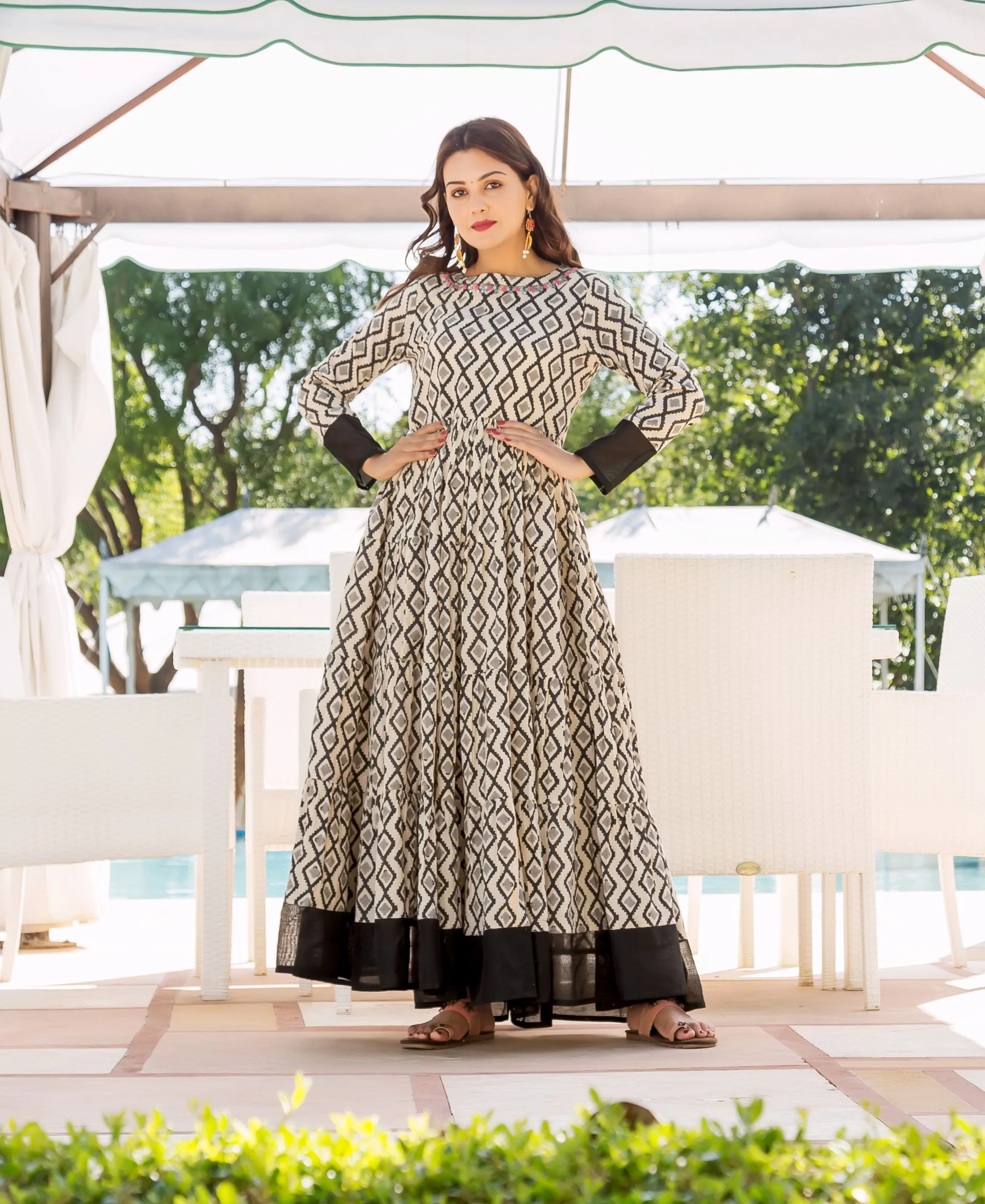 Adhira Grey and Black Hand Block Printed Tiered Dress