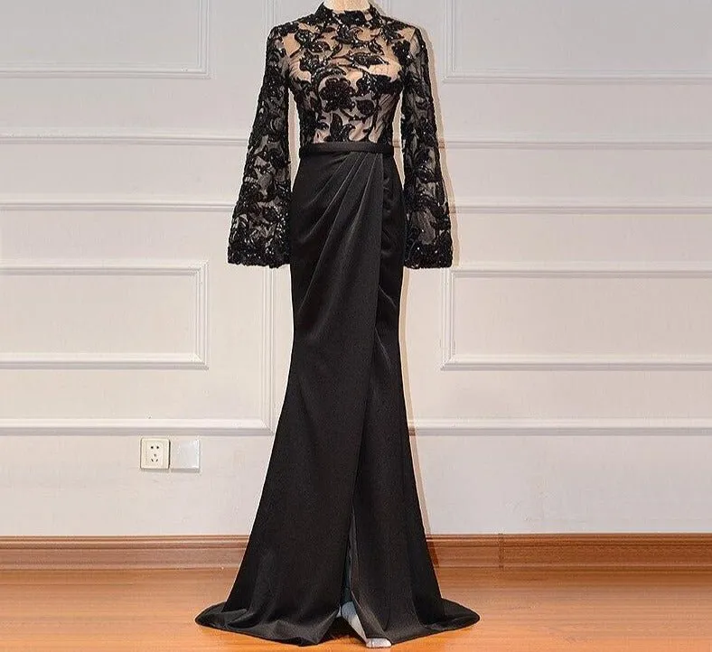 Alaya Black Long Sleeves Mermaid  Evening Dress