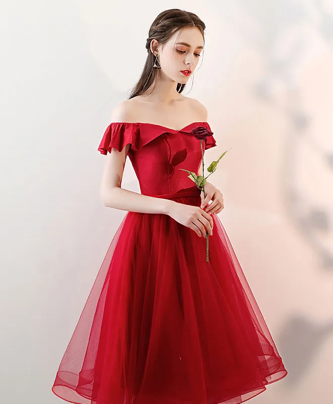 Aline Red Satin/Tulle Short Prom Dresses, Red Formal Homecoming Dresses