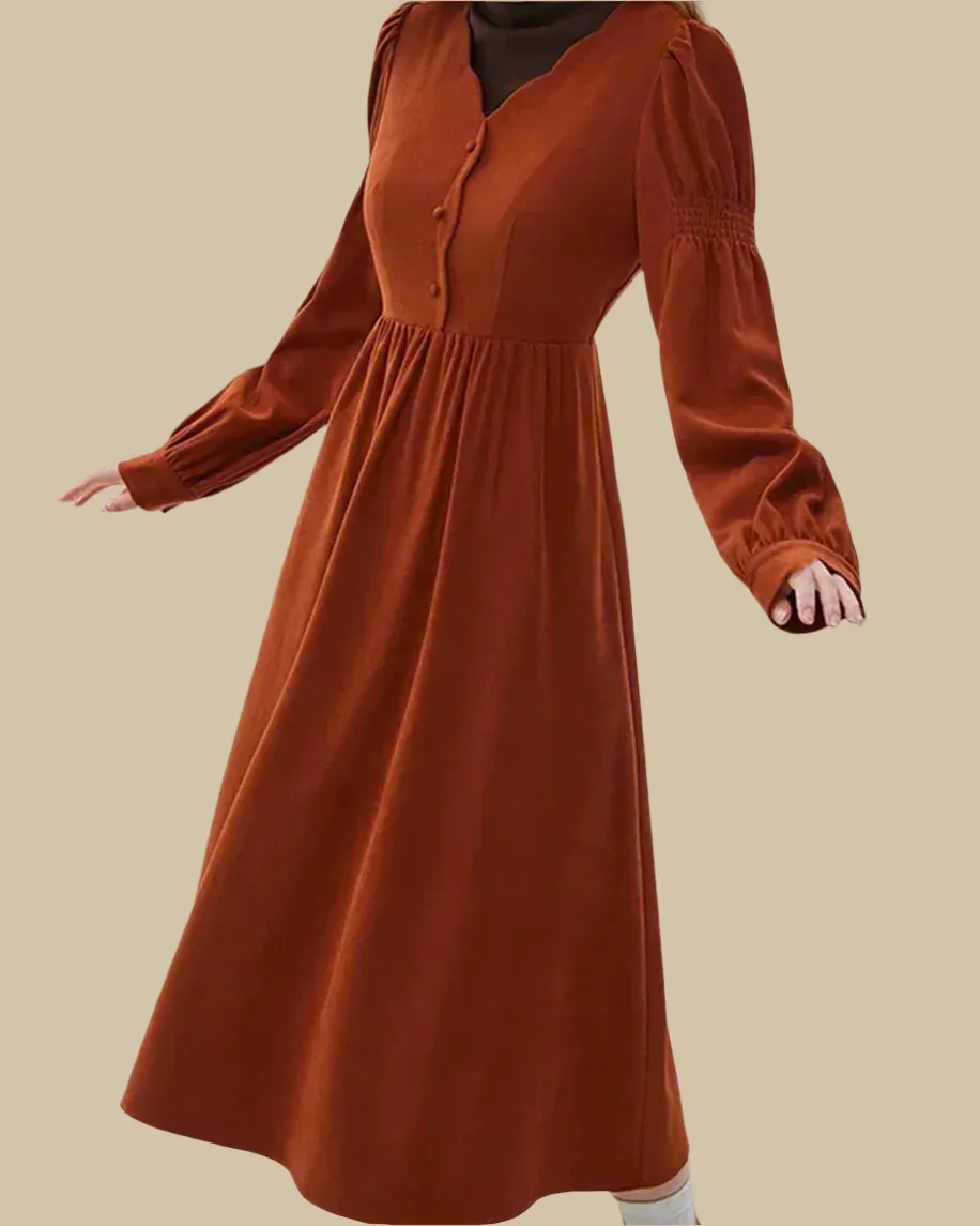 Amara Recycled Corduroy Long Sleeve Dress with Scallop Neckline