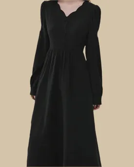 Amara Recycled Corduroy Long Sleeve Dress with Scallop Neckline