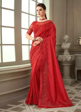 Amazing Look Red Color Silk Fabric Sequins Work Embroidered Saree