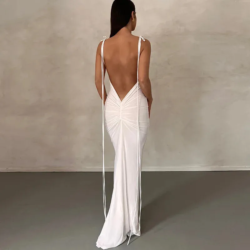 Backless Ruched Tie Charming Up Maxi Dress