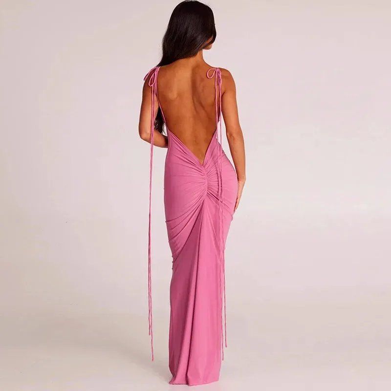 Backless Ruched Tie Charming Up Maxi Dress