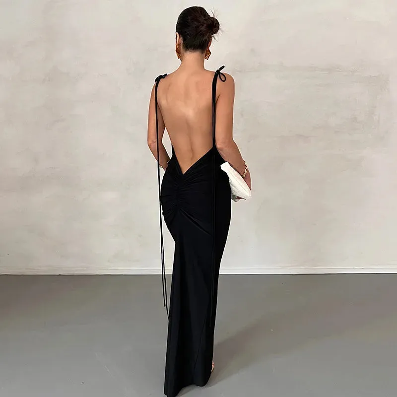 Backless Ruched Tie Charming Up Maxi Dress