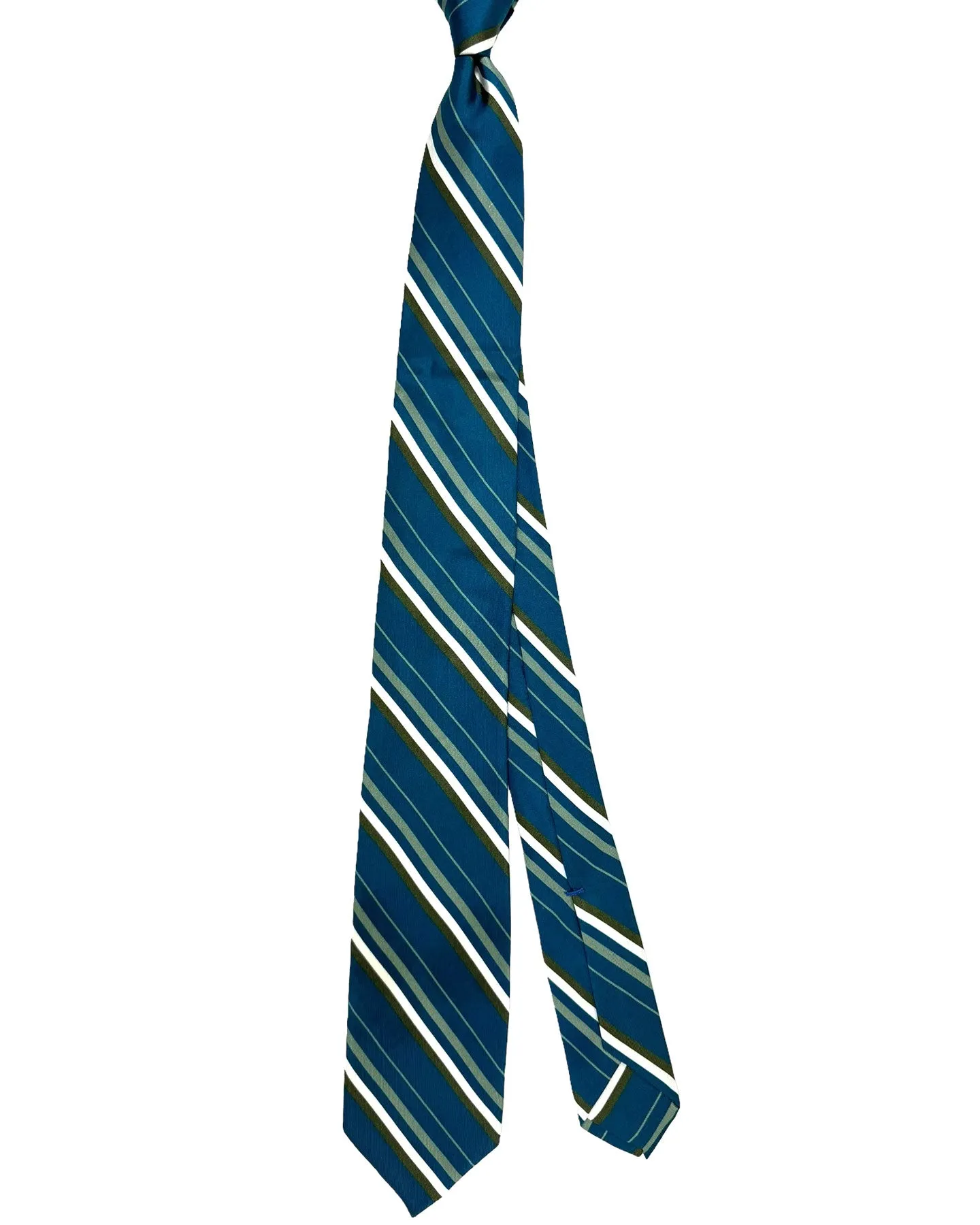 Barba Sevenfold Tie Teal Olive Stripes Design - Sartorial Neckwear SALE