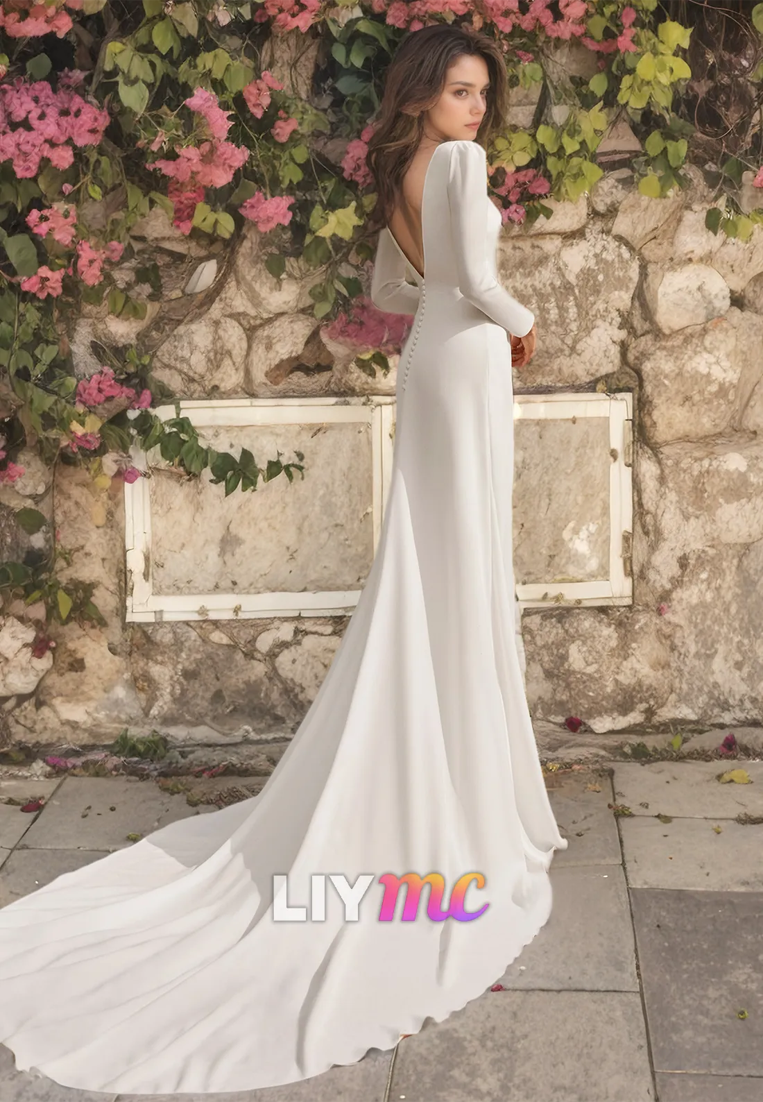 Bateau Long Sleeves Ruched High Slit Beach Wedding Dress