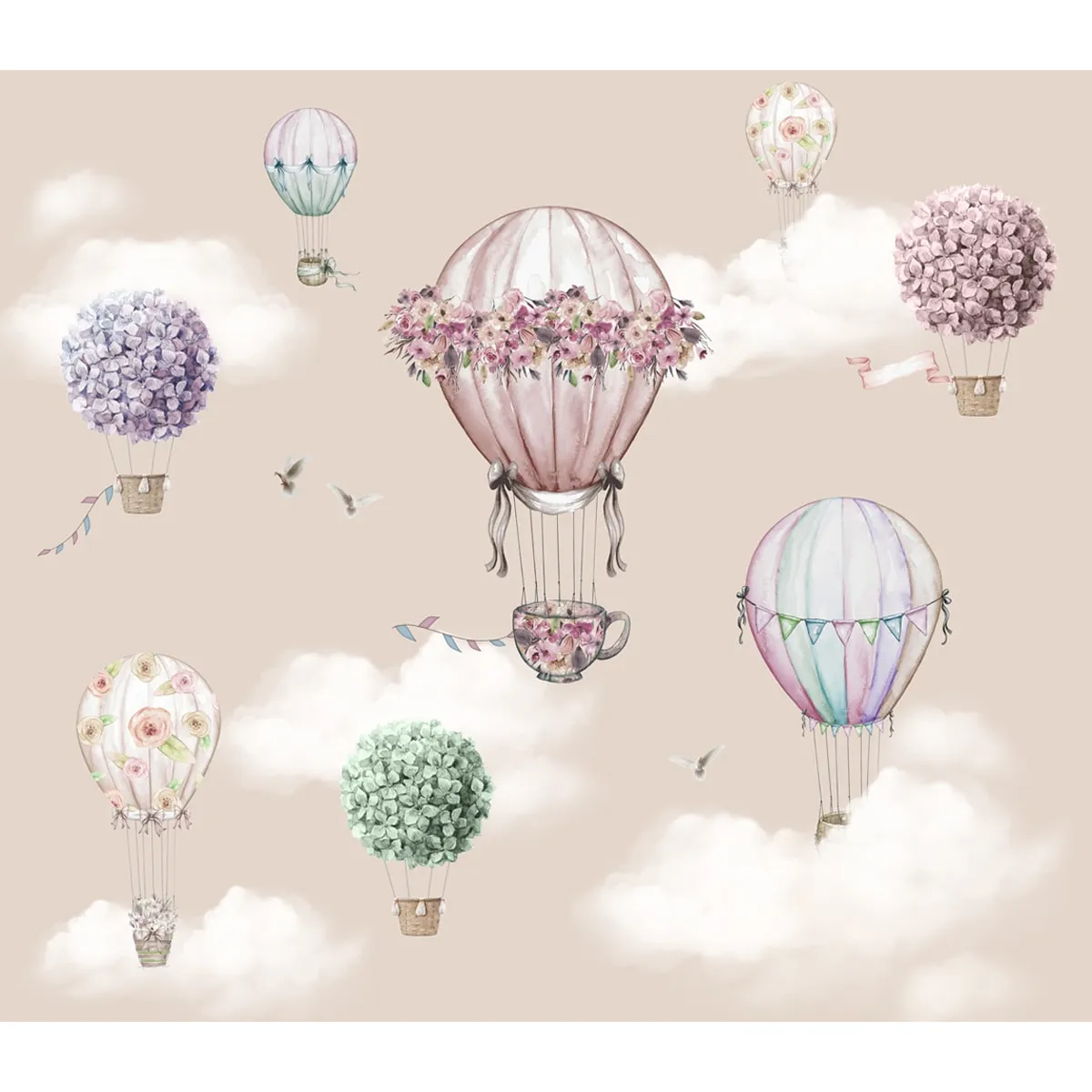 Beautiful Floral Decoration Hot Air Balloons Wall Paper for Young Kids Rooms, Customised