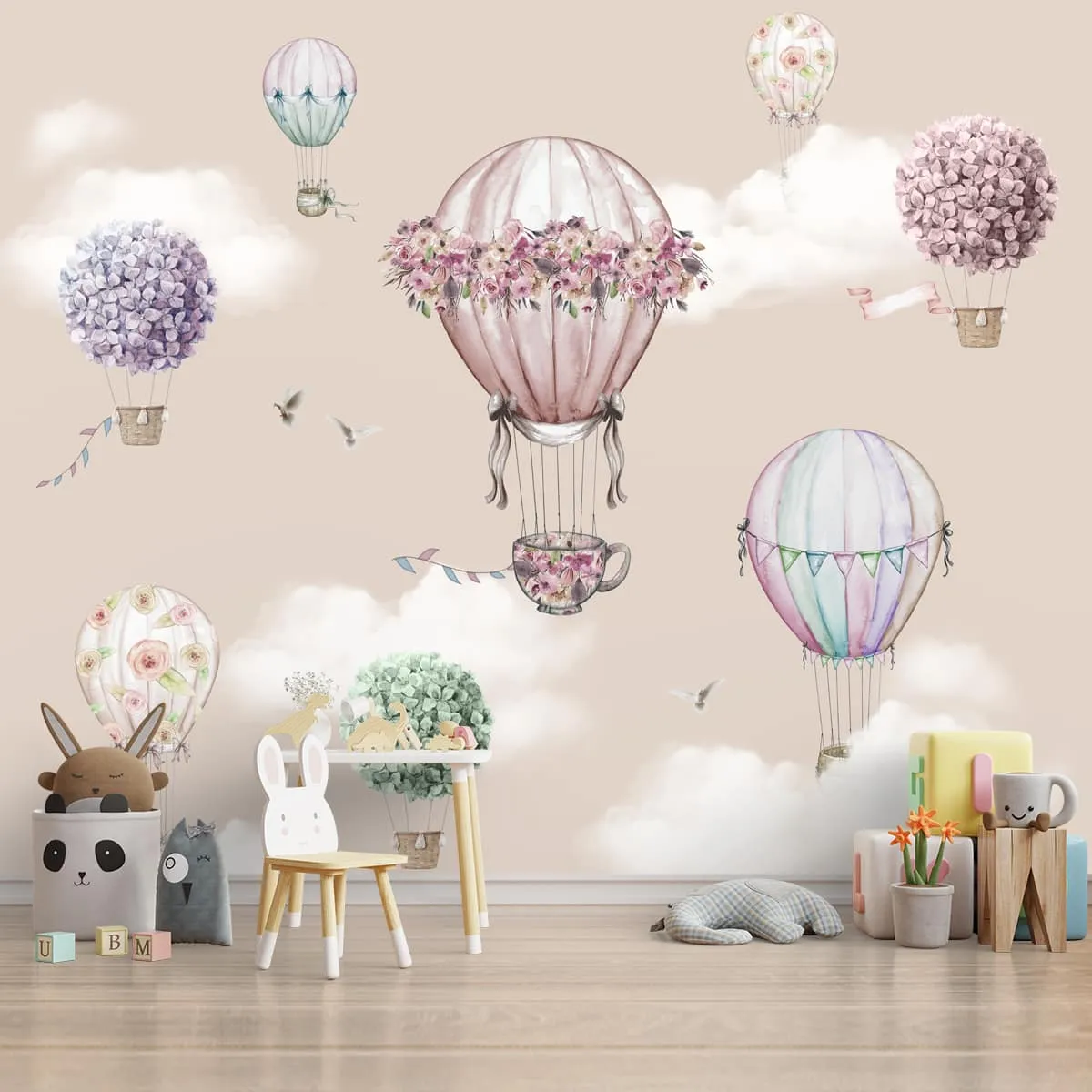 Beautiful Floral Decoration Hot Air Balloons Wall Paper for Young Kids Rooms, Customised