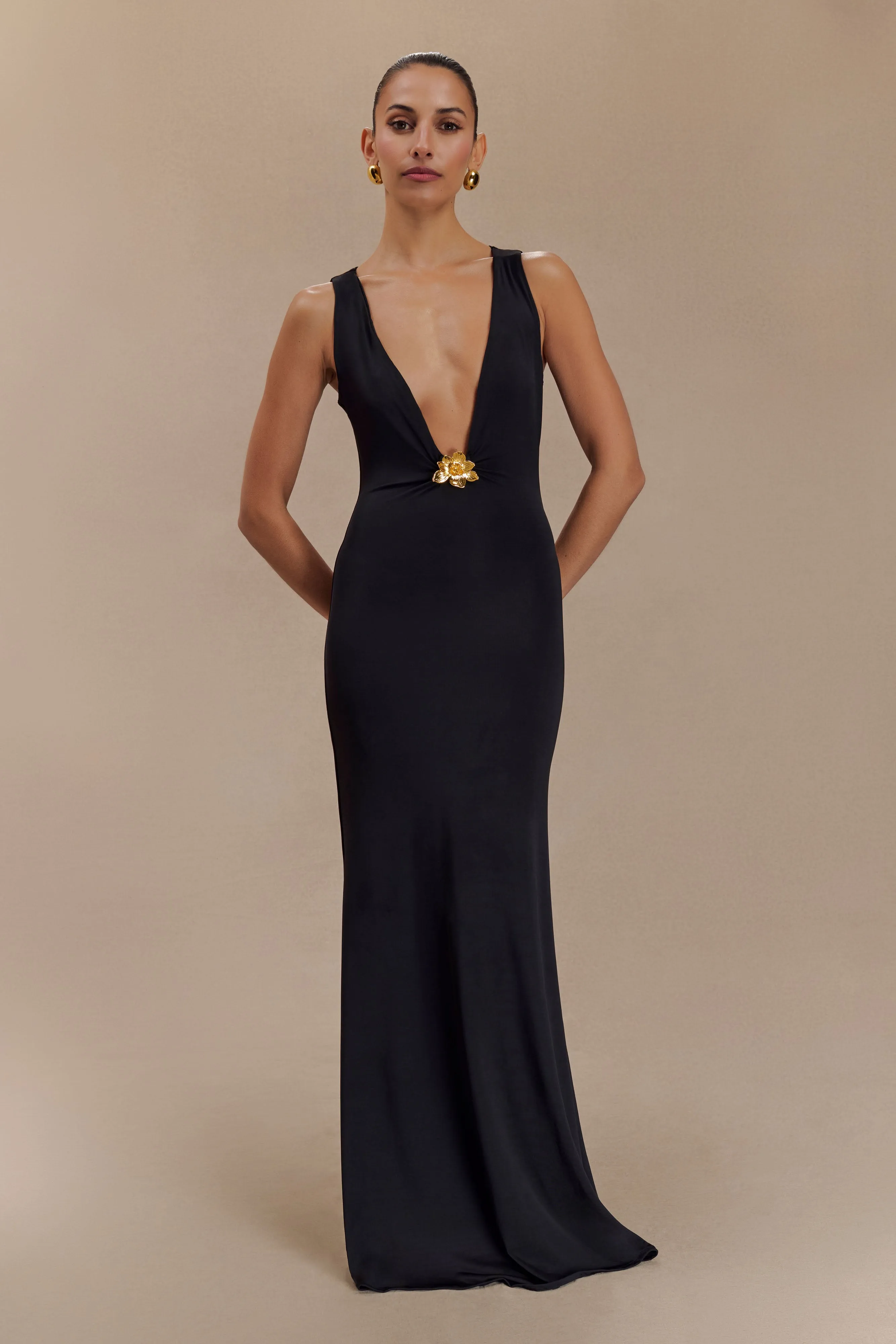 Black Maxi Dress with Floral Hardware by Beck Plunge - Stylish and Elegant