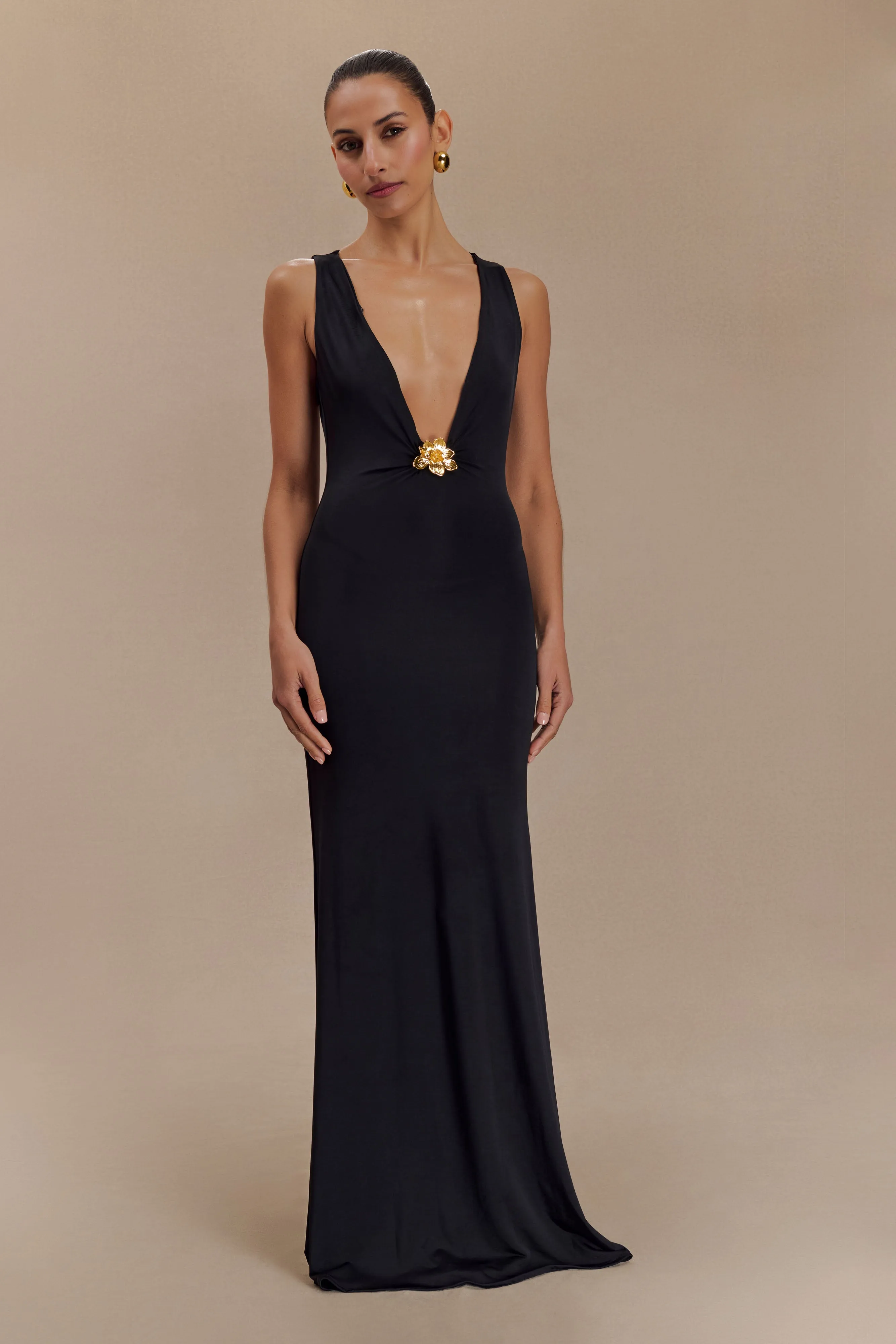 Black Maxi Dress with Floral Hardware by Beck Plunge - Stylish and Elegant