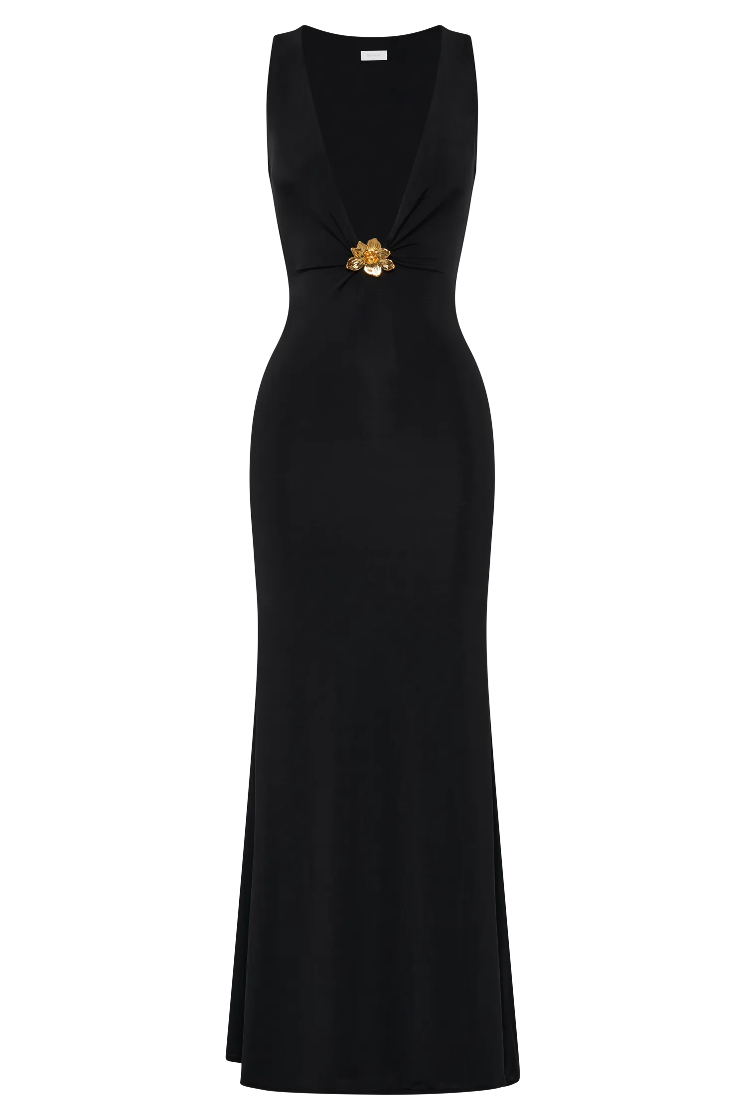 Black Maxi Dress with Floral Hardware by Beck Plunge - Stylish and Elegant