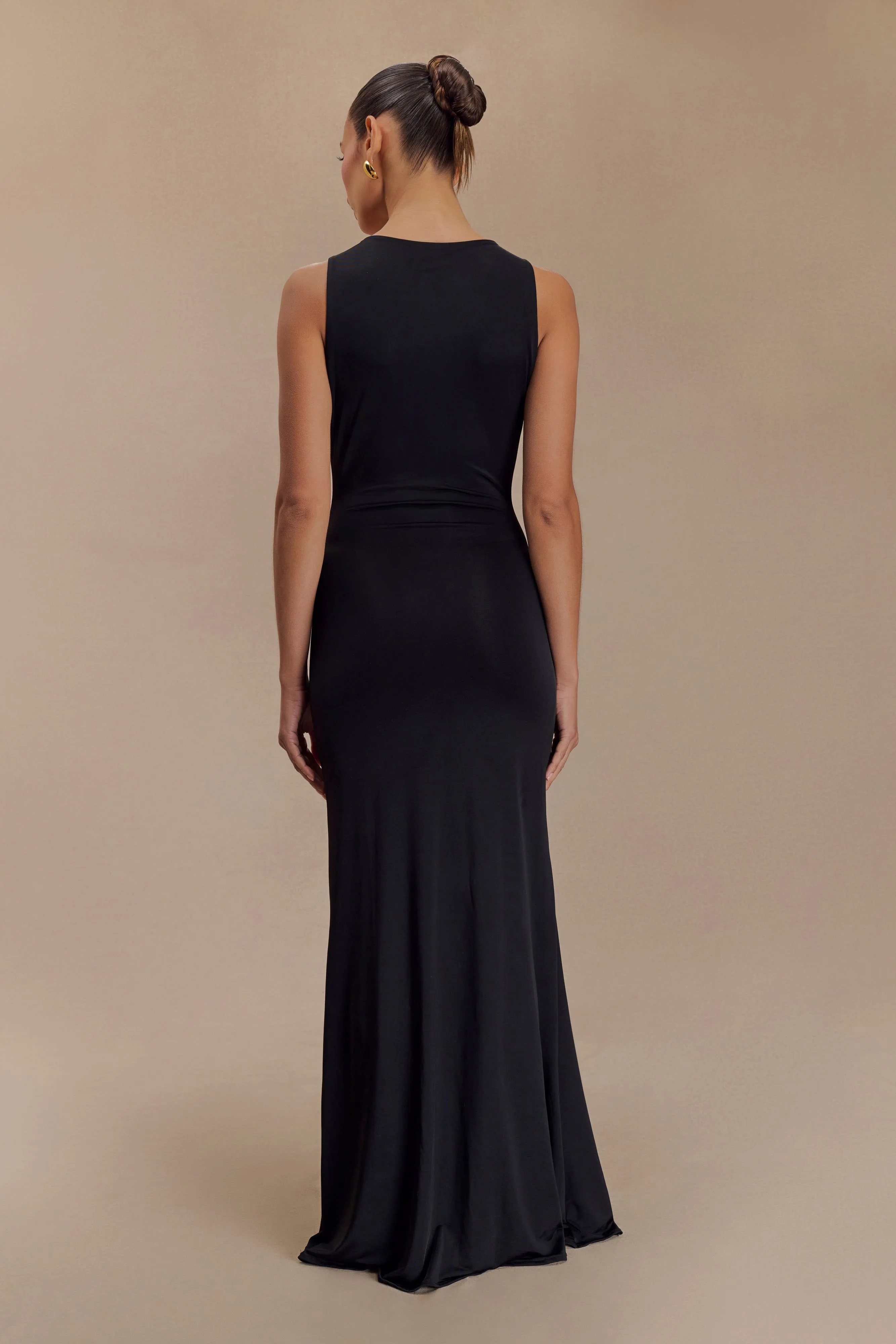 Black Maxi Dress with Floral Hardware by Beck Plunge - Stylish and Elegant