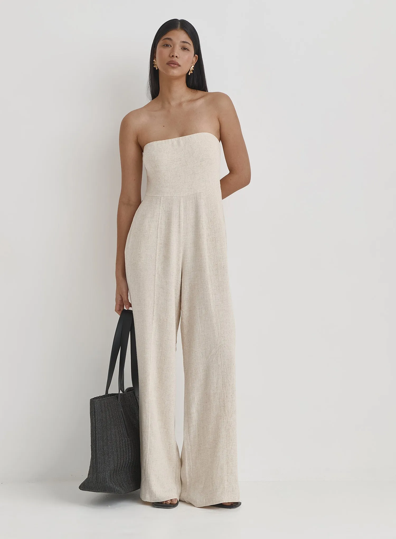 Beige Linen Bandeau Jumpsuit- Constance