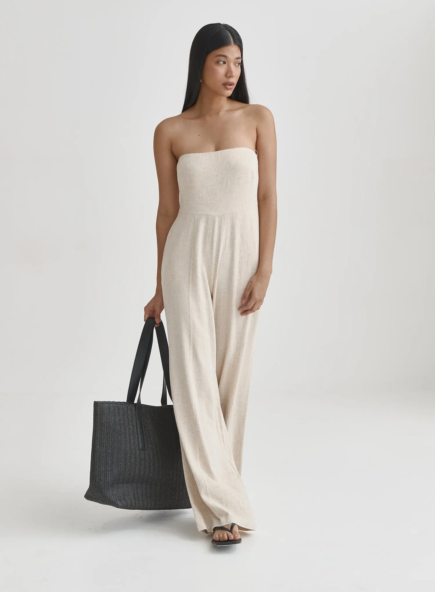 Beige Linen Bandeau Jumpsuit- Constance