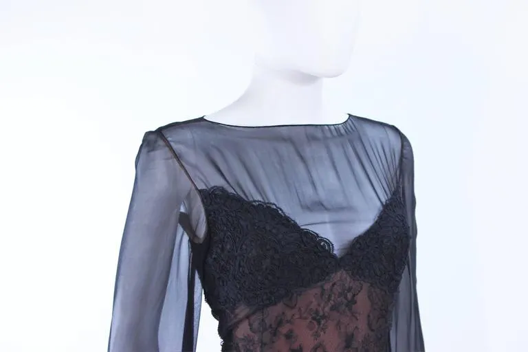 BILL BLASS Black Lace Chiffon Gown with Nude Underlay Size 10-12