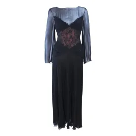 BILL BLASS Black Lace Chiffon Gown with Nude Underlay Size 10-12