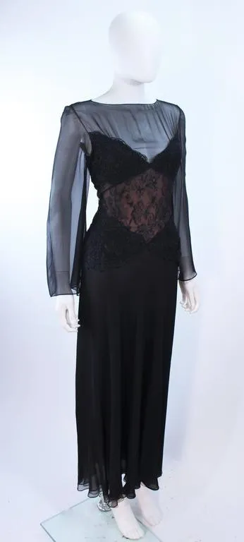 BILL BLASS Black Lace Chiffon Gown with Nude Underlay Size 10-12