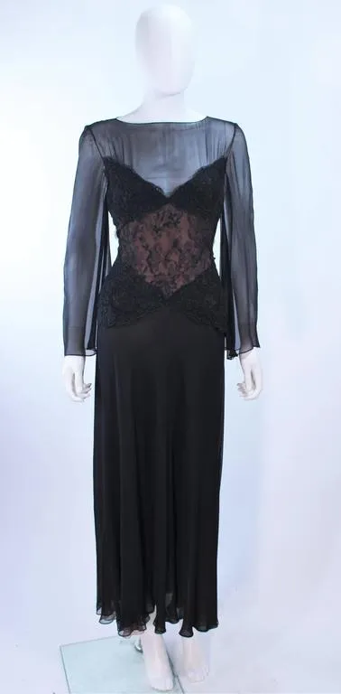 BILL BLASS Black Lace Chiffon Gown with Nude Underlay Size 10-12