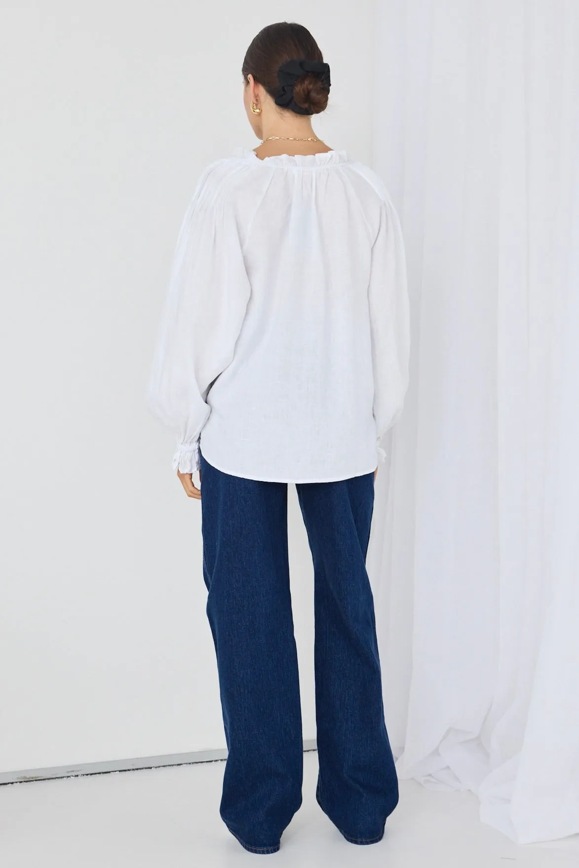 Birch White Linen Pintuck Shoulder Tie Neck Top