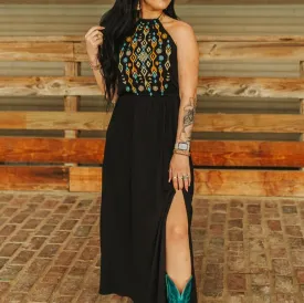 Black Aztec Embroidered Halter Spaghetti Strap Maxi Dress W Slit