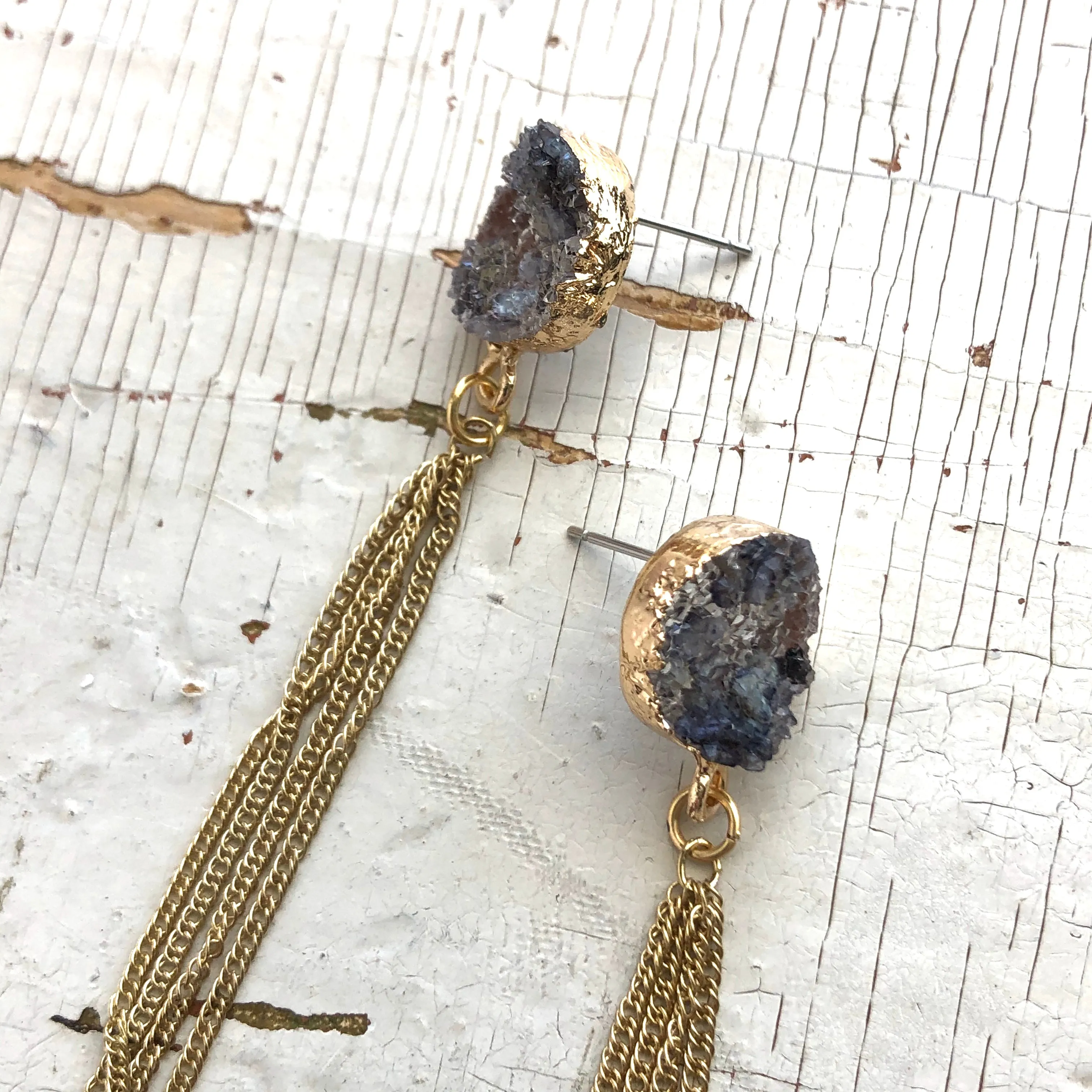 Black Druzy Resin Waterfall Drop Earrings