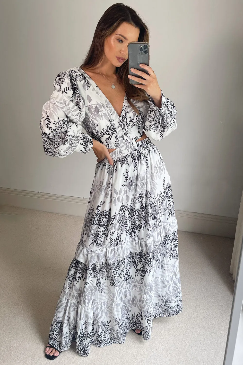 Black Floral Print Cut Out Frill Maxi Dress